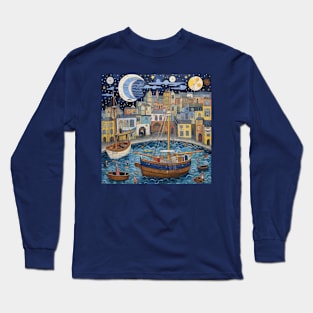 Night at Falmouth Harbour, Cornwall Folk Art Long Sleeve T-Shirt